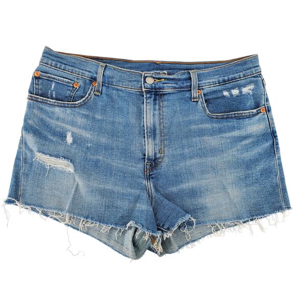Levis Womens W32 High Rise Daisy Duke Cut Off Distressed Shorts Blue Pre-Owned - Picture 1 of 6